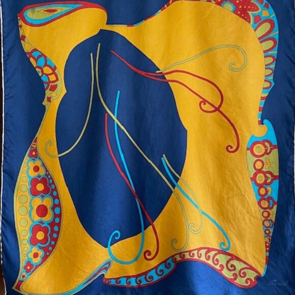 BURMEL Vintage Hand Rolled Bold Retro Print Blue Square Scarf - Picture 3 of 16